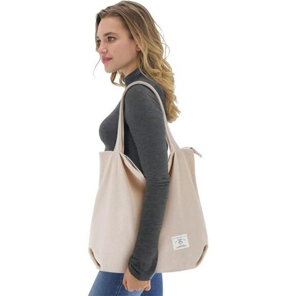 KALIDI Corduroy Tote Bag Zipper Shoulder Bag Large Casual Purse with Pockets - Picture 2 of 7